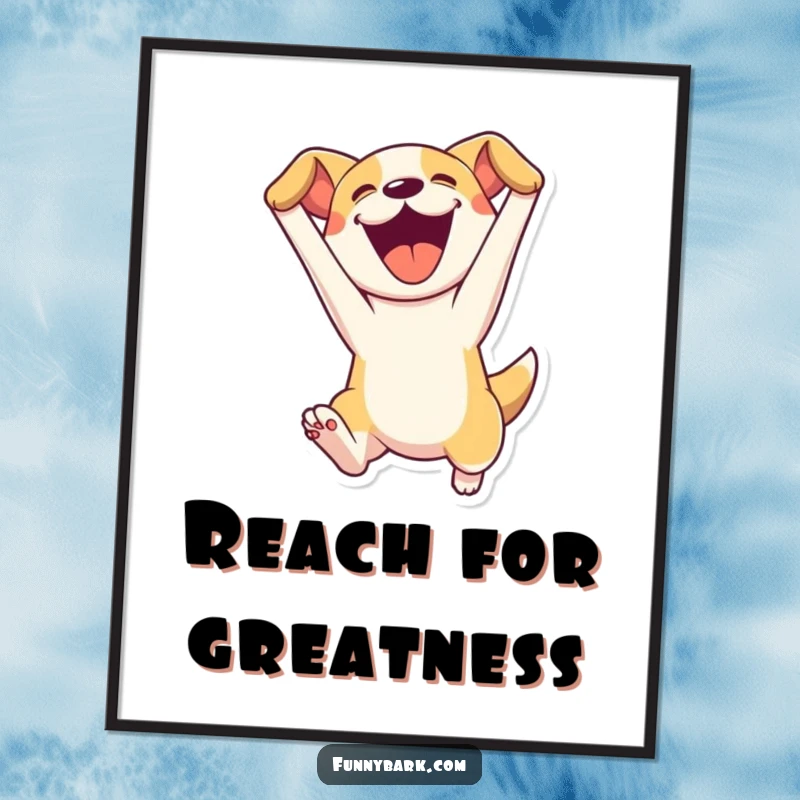 Funny poster featuring a dog character in a mid-air leap with mouth open, capturing dynamic motion and uninhibited canine joy.