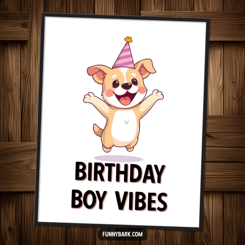 Funny party dog poster featuring a dog in a tiny hat, jumping with excitement, capturing a moment of pure joy.