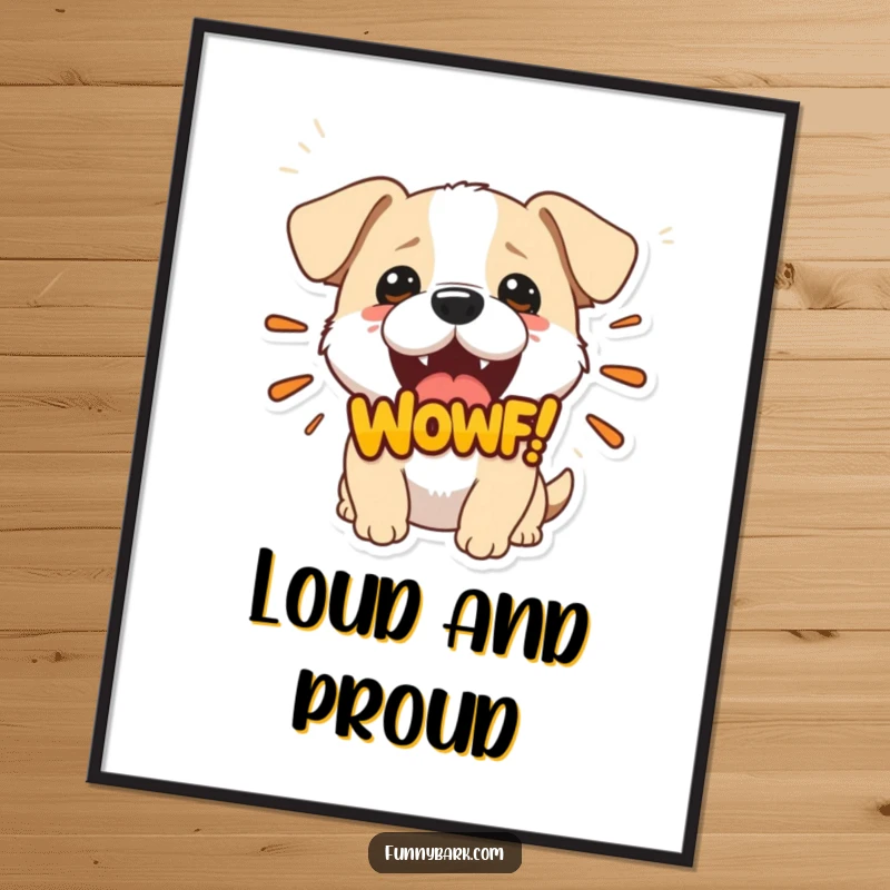 Funny poster art of a small dog with its mouth open, projecting a large 'Woof!' graphic, adding a humorous touch to wall decor.