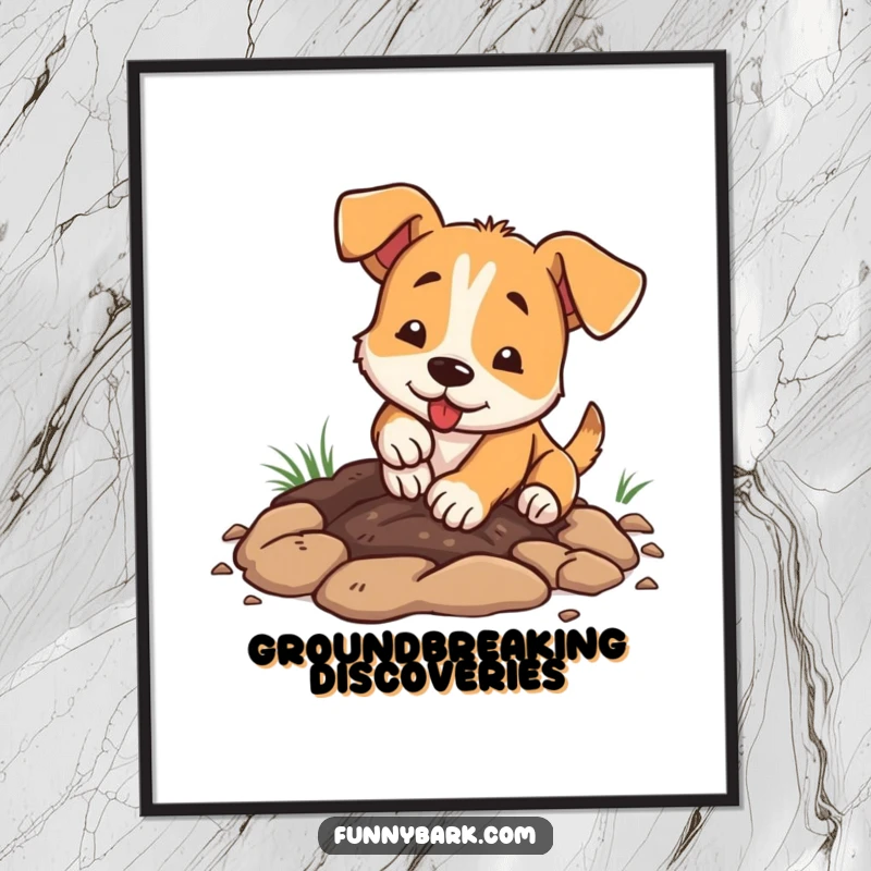 Funny dog poster, enthusiastically digging a shallow hole with paws, dirt flying, action shot, humorous art.