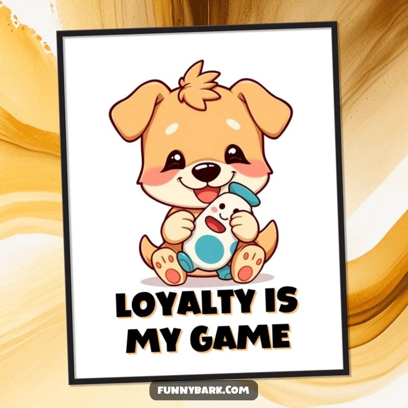 Funny Dog Art Poster of a dog character with a playful grin, playfully presenting its most treasured toy.