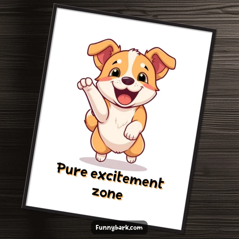 Funny Poster: A dog captured mid-jump with an excited, happy bark, embodying pure exuberance. Ideal wall art.