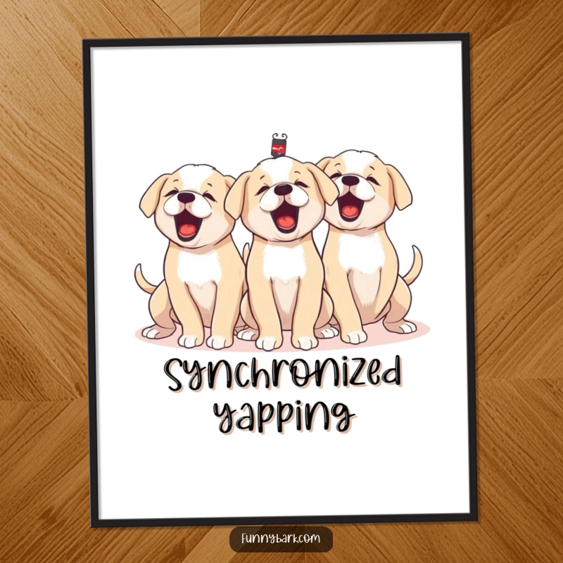 Funny poster art of a group of puppies barking together, tails wagging furiously, full of collective energy and playful noise.