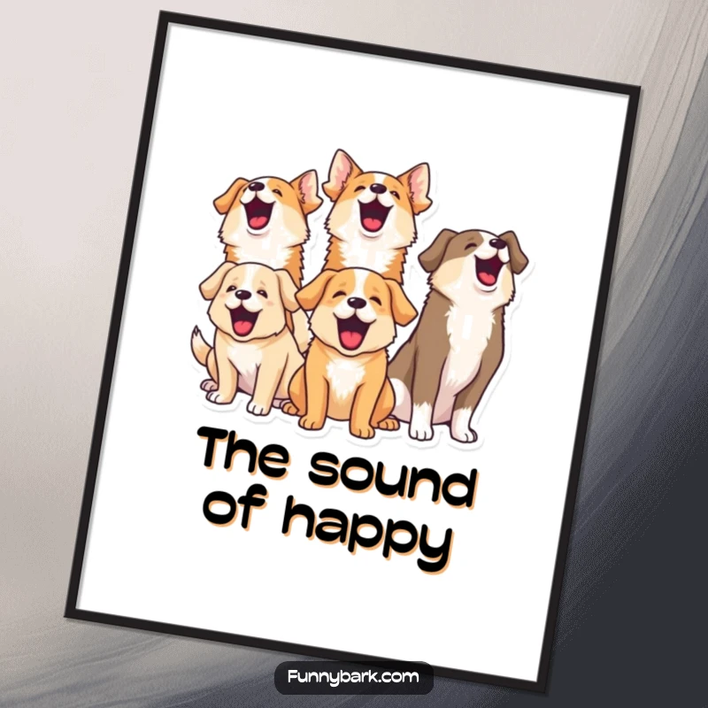 Funny poster of a group of dogs barking upwards together, creating a comical and heartwarming symphony of sound.