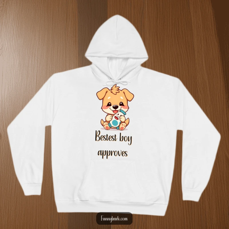 Funny Dog Hoodie with a grinning dog character playfully presenting its most treasured toy, perfect for cozy days.