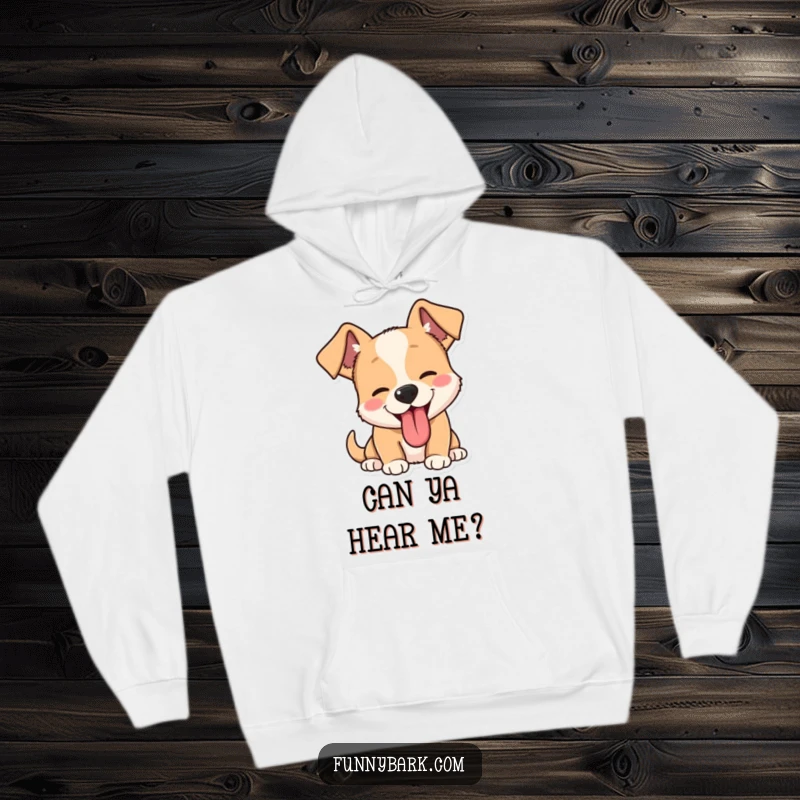 Funny dog barking hoodie, showing a dog with perked ears and tongue lolling, radiating energetic and humorous vibes.