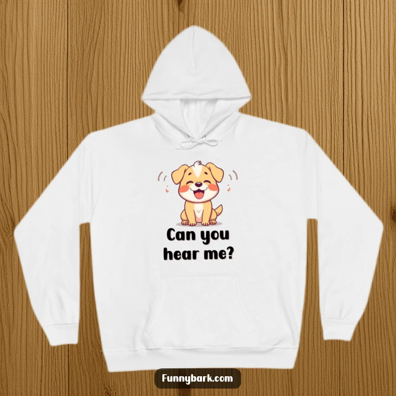 Funny Dog Hoodie: A dog joyfully barking, illustrated with sound waves, conveying pure playful energy.