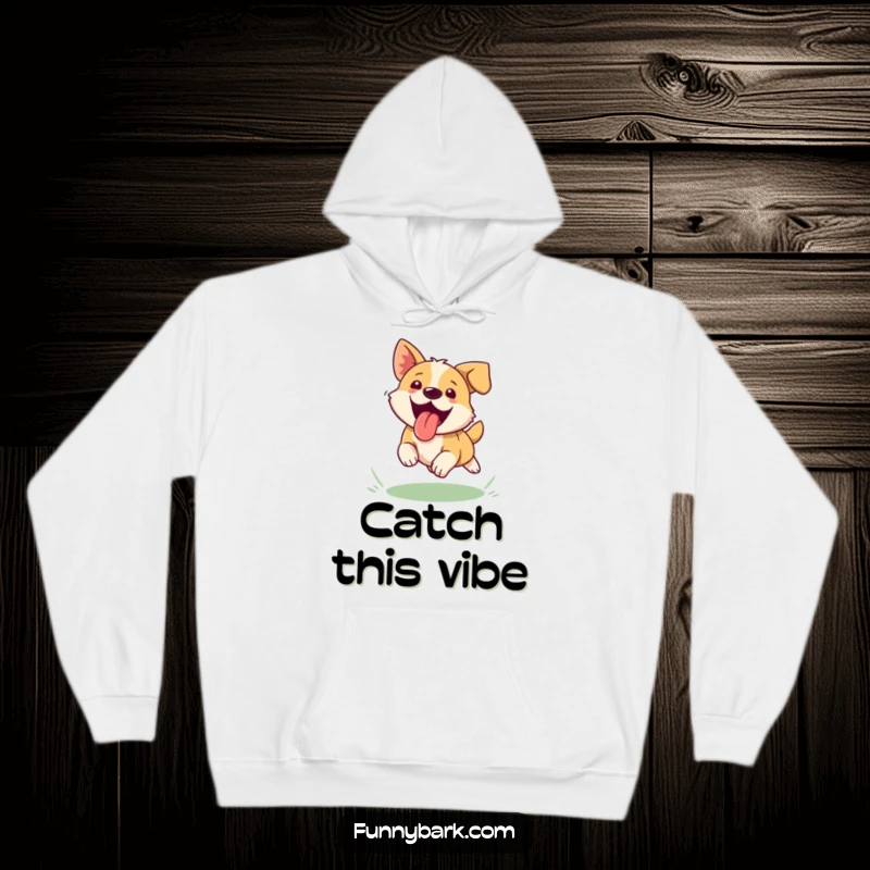 Funny dog hoodie, tongue out, ecstatically chasing a frisbee, wind in fur, park background, happy.