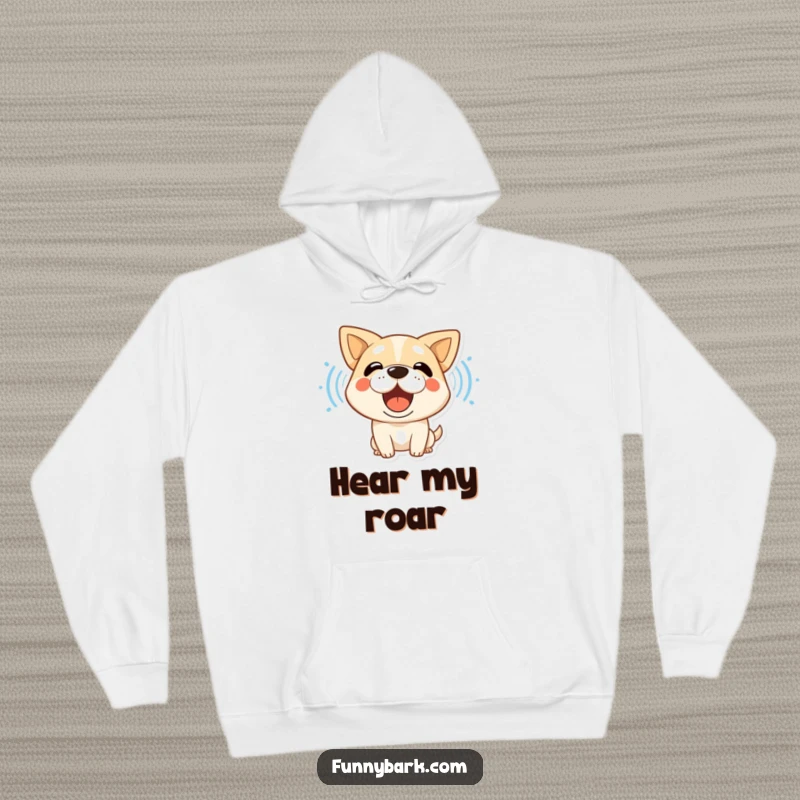 Funny dog hoodie with a stylized character barking loudly, showcasing visible sound waves of enthusiastic canine expression.
