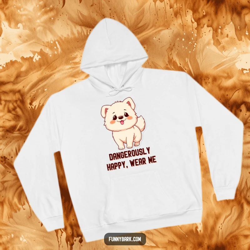 Funny hoodie: A fluffy dog character with a wildly wagging tail, radiating pure, happy excitement, ideal for a funny gift.