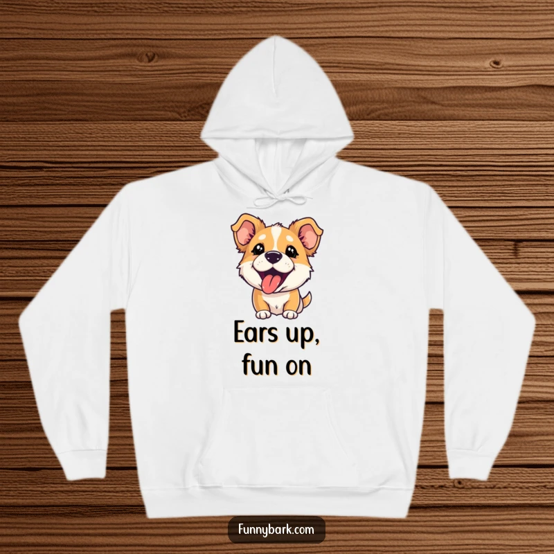 Funny hoodie featuring a dog with perked ears and tongue out, captured mid-playful bark with comical enthusiasm.