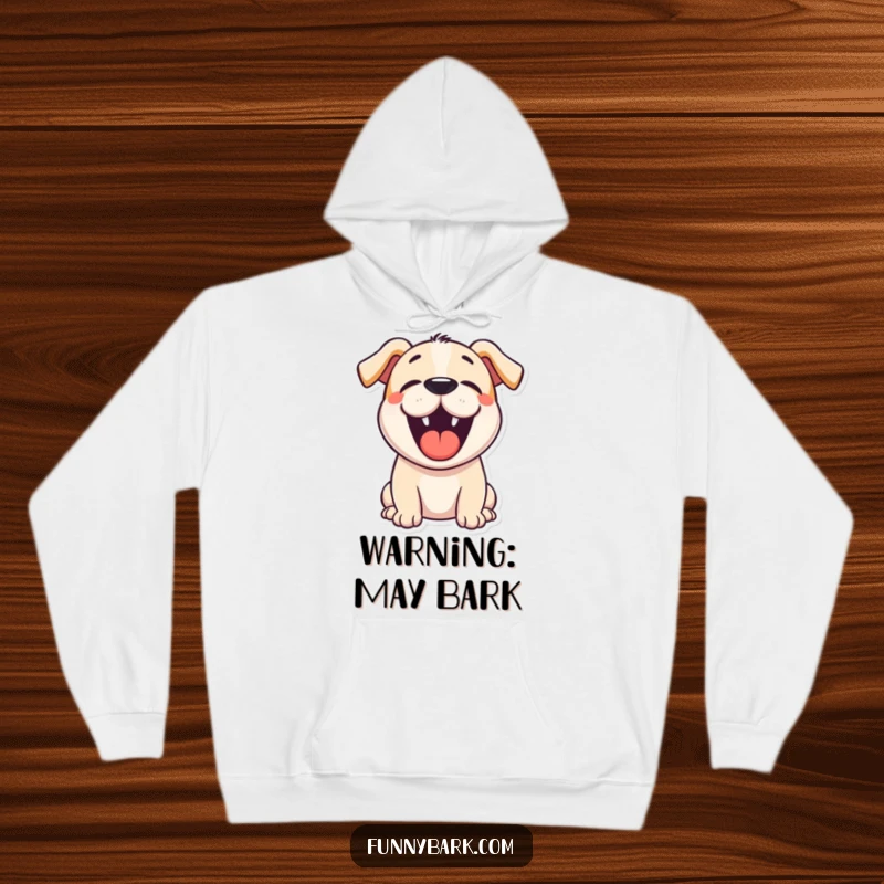 Funny cartoon dog hoodie depicting a joyful dog mid-bark, its mouth agape in a happy, loud announcement.
