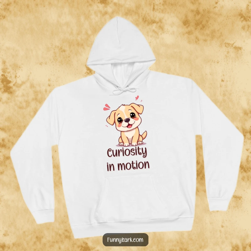 Funny curious dog hoodie with head tilted, emitting playful sound waves, perfect for cozy contemplation.