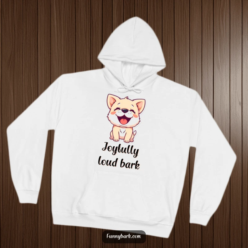 Funny hoodie featuring a small dog character barking with unbridled joy and enthusiastic barks, radiating happiness.