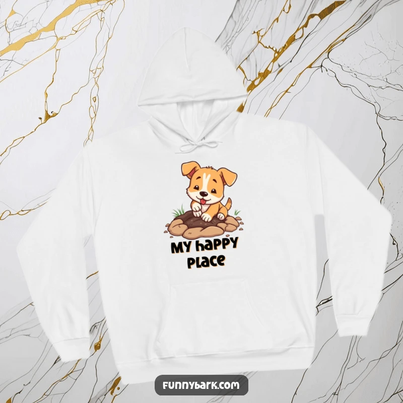 Funny dog hoodie, enthusiastically digging with paws, dirt flying around, cozy and warm material, active character.