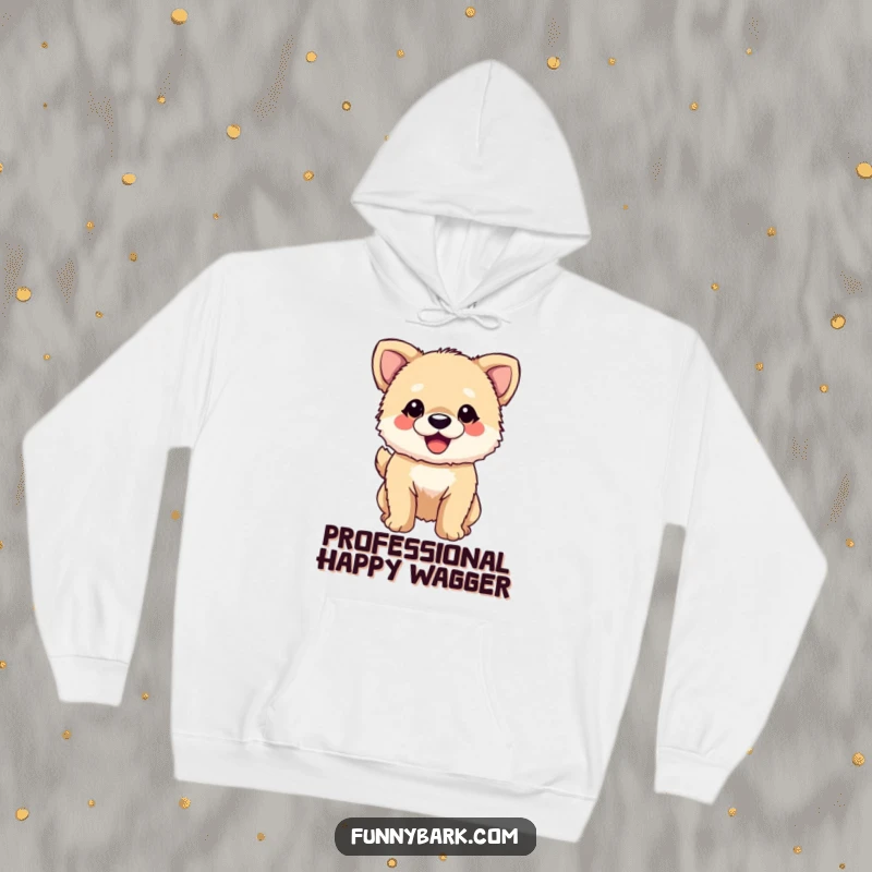 Funny Dog Hoodie: A fuzzy dog character with its tail wagging energetically, mouth wide in a smile, embodying uncontainable happiness.
