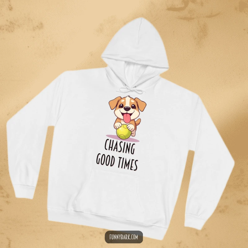 Funny grinning dog hoodie with tongue out, depicting a dog enthusiastically chasing a ball, ready to play.