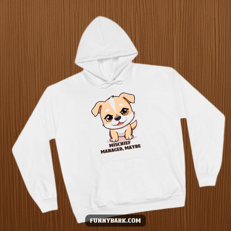 Funny Mischief Dog Hoodie with a dog character exhibiting a mischievous glint, playfully pouncing forward in action.