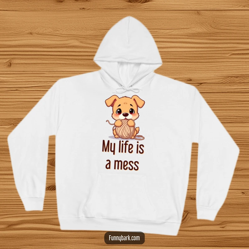 Funny dog hoodie, comically tangled in a large ball of yarn, looking confused, soft and warm fabric.
