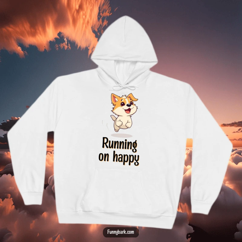Funny Hoodie: An energetic dog runs with wind-ruffled fur and an open bark, printed on a cozy sweatshirt for humorous, warm wear.