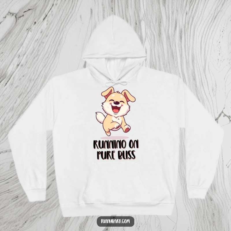 Funny Joyful Dog Hoodie with a dog character showing an overjoyed expression, running with boundless energy.