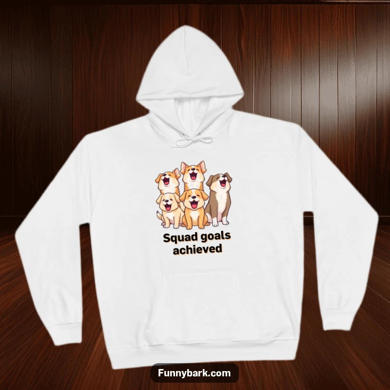 Funny hoodie with a group of dogs barking in unison, their heads tilted upwards, creating a humorous choir effect.