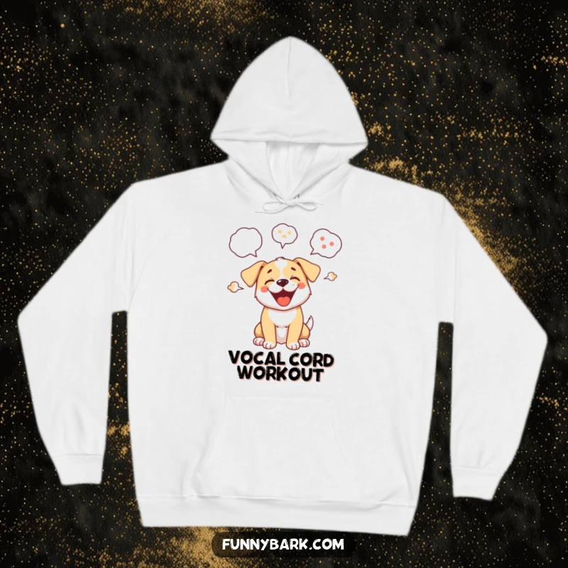 Funny hoodie of a cute cartoon puppy mid-bark, surrounded by comical speech bubbles, ideal for dog lovers seeking humor.