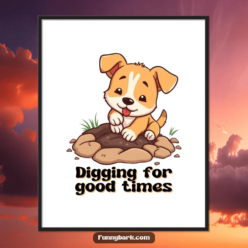Funny free printable wall art of a dog enthusiastically digging a hole with its paws. Downloadable pet art.
