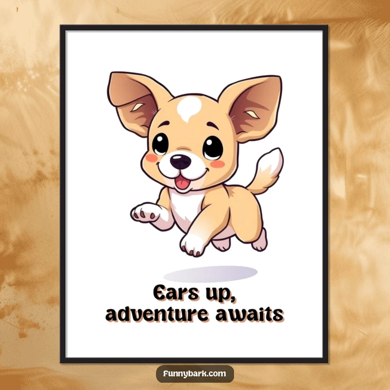Funny Free Printable Wall Art depicting a dog with large floppy ears and a wagging tail, captured mid-leap.