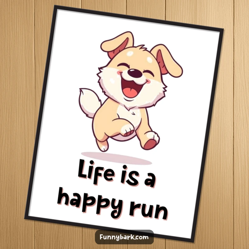Funny Free Printable Wall Art of a dog character radiating joy, running with boundless energy and an ecstatic, overjoyed expression.