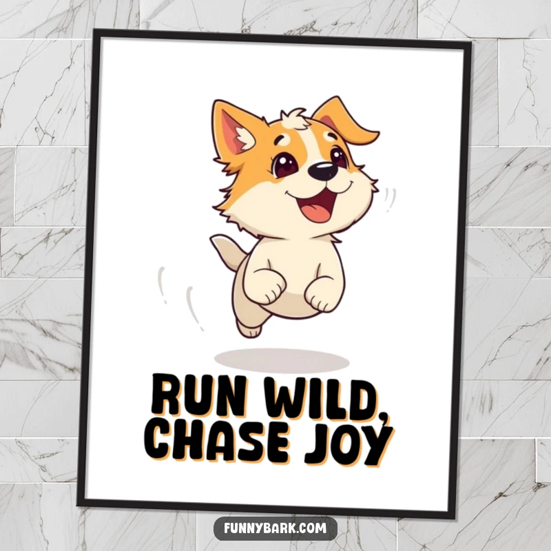 Funny Free Printable Wall Art: A dog character in full stride, wind ruffling fur, barking with pure excitement.