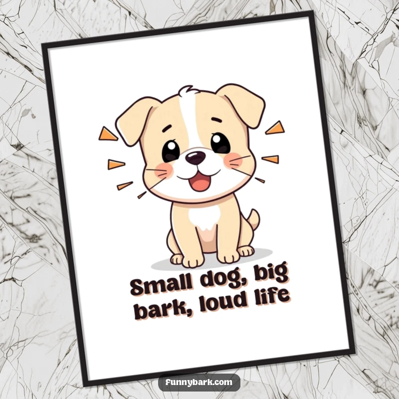 Funny Free Printable Wall Art: A tiny dog character letting out a series of short, sharp barks, full of spirited energy.