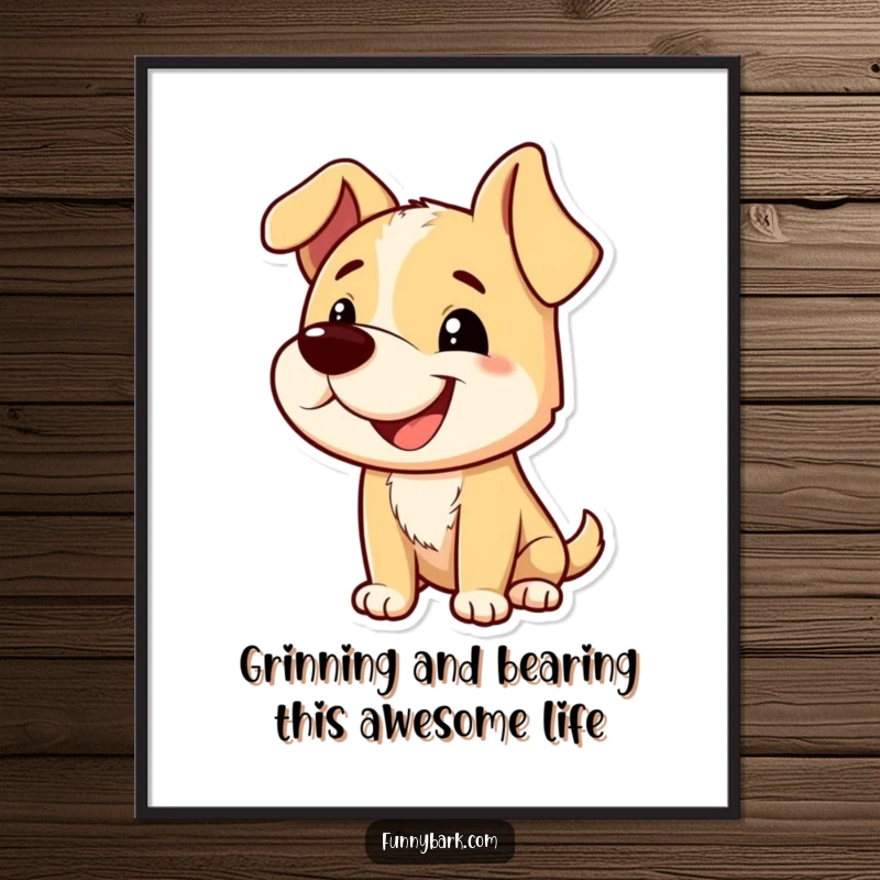 Funny free printable wall art features a dog with a playful grin and tilted head, barking adorably.