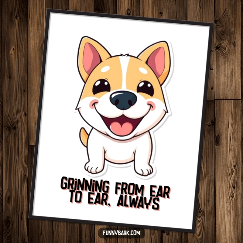 Funny Free Printable Wall Art of a dog with a wide, excited grin, appearing to shout cheerful greetings.