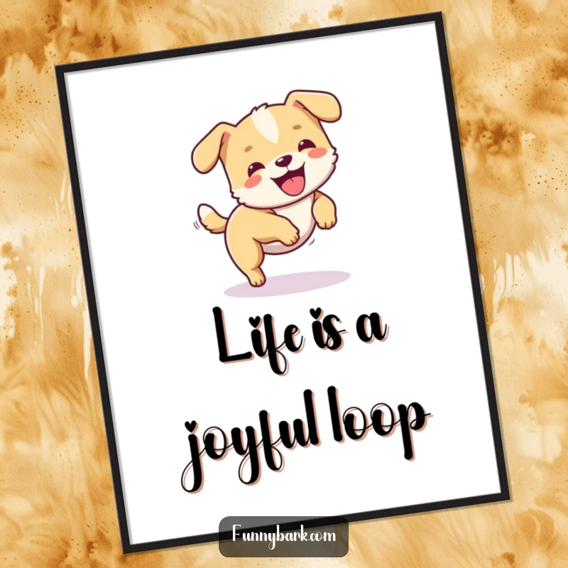 Funny Free Printable Wall Art, small dog chasing its tail in a joyful circle, energetic and happy, pet decor.