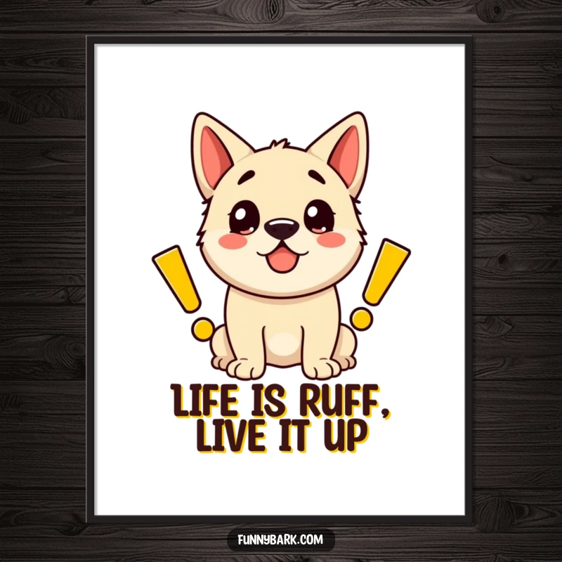 Funny Free Printable Wall Art: A happy dog exuding pure excitement, depicted with large, dynamic cartoon exclamation marks all around.