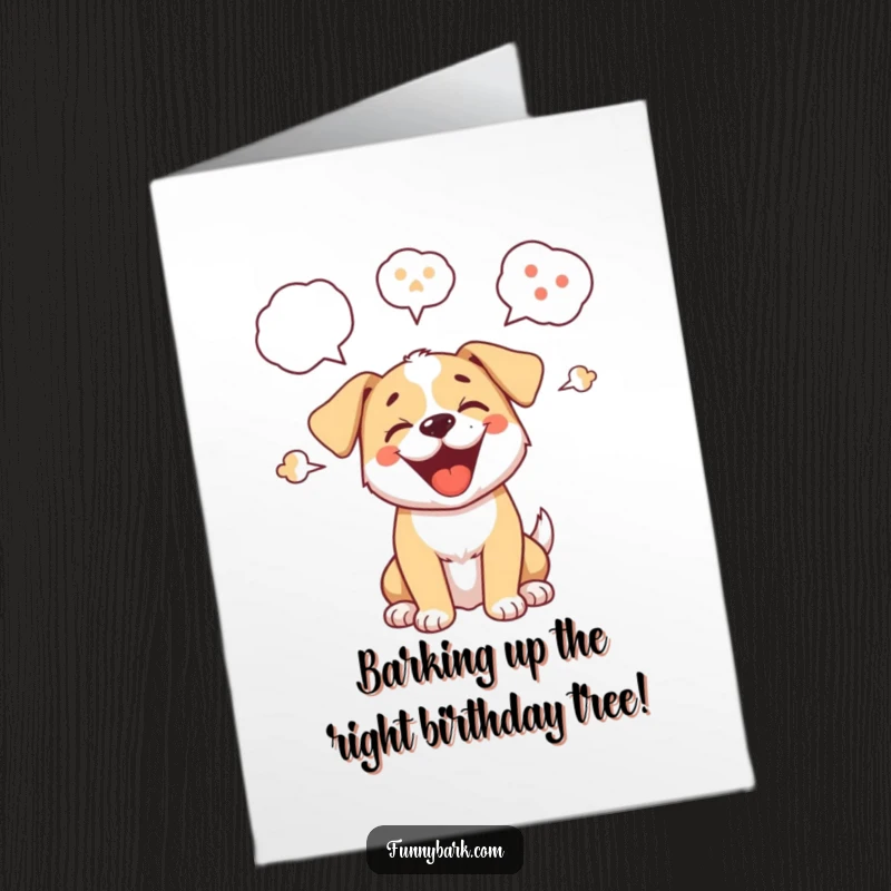 Funny Free Printable Happy Birthday card featuring a joyful puppy barking with colorful speech bubbles, perfect for dog lovers.