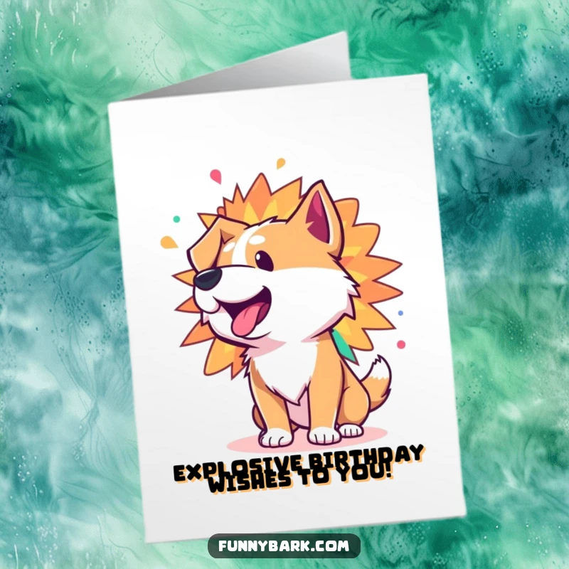 Funny Free Printable Birthday Card: Dog's bark as a colorful energy burst, celebrating birthdays, DIY downloadable gift.