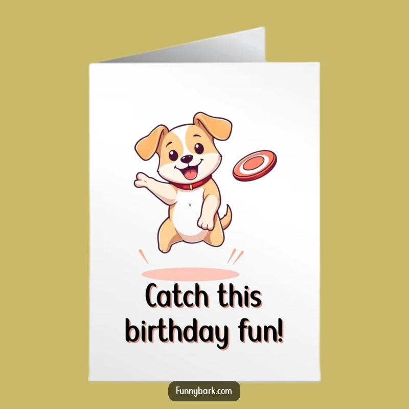 Free Printable Birthday Card: Bouncing Dog Catching Disc, Energetic Downloadable Gift