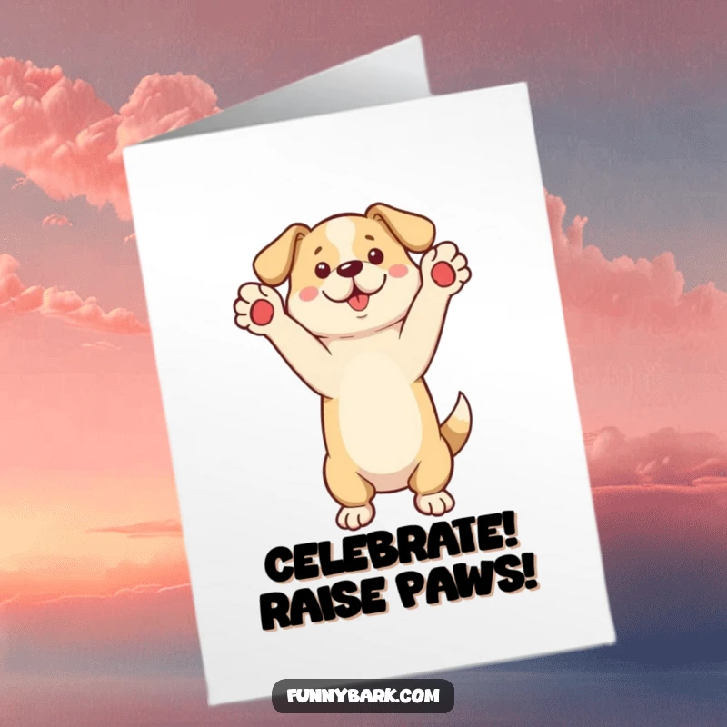 Funny Free Printable Birthday Card of a dog on its hind legs, paws raised, excitedly calling out birthday wishes.