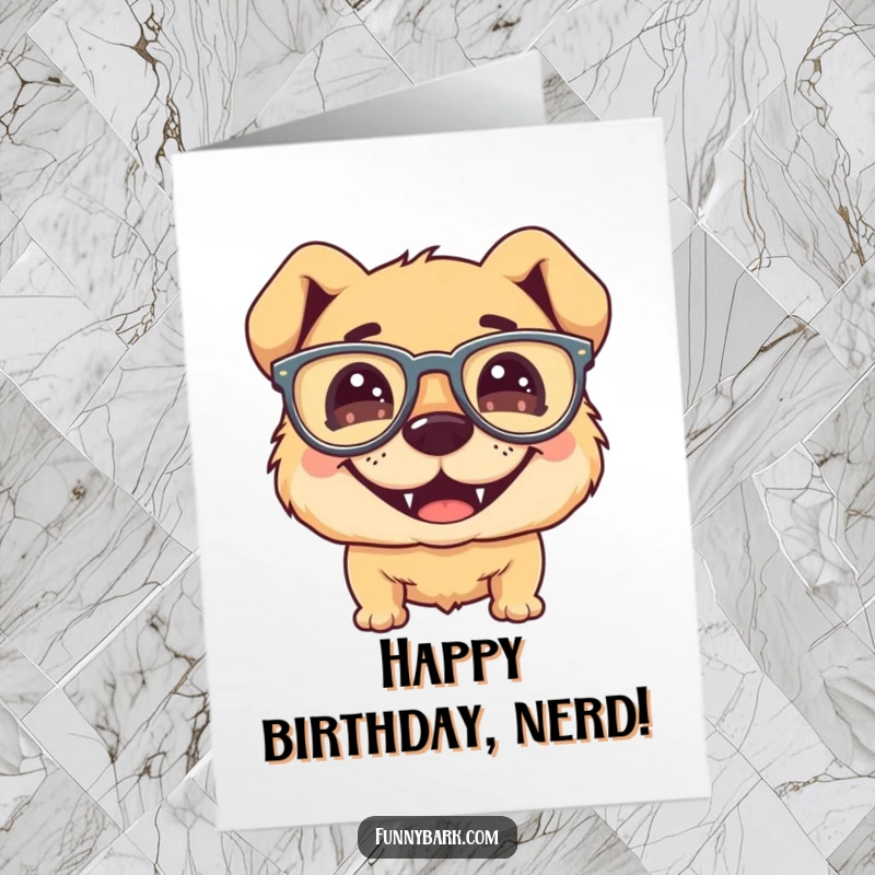 Funny free printable birthday card of a dog with a silly grin wearing comically oversized, floppy glasses. Downloadable celebration.