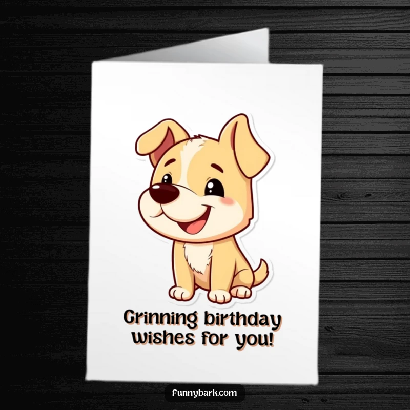 Funny free printable birthday card features a dog with a playful grin and tilted head, mid-playful bark.