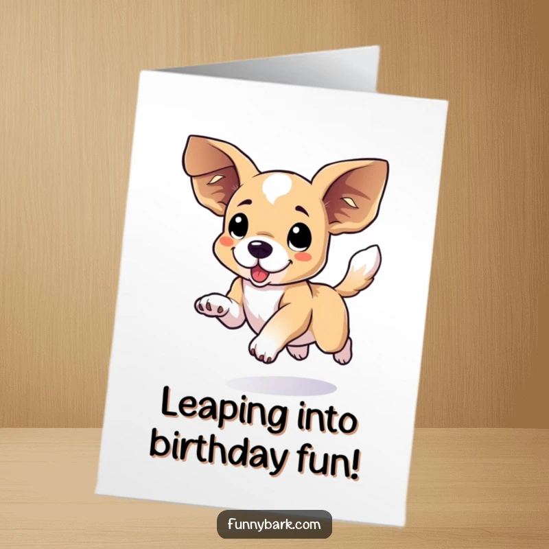 Funny Free Printable Birthday Card of a dog with floppy ears leaping joyfully, tail wagging furiously.