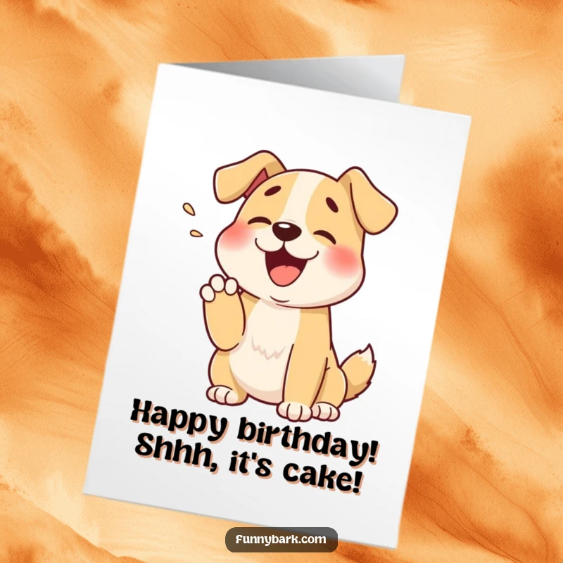 Funny Free Printable Birthday Card of a cute cartoon dog muffling a happy bark into its paw, a quiet celebration. Downloadable art.