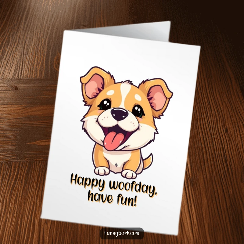 Funny Free Printable Birthday Card: Dog with perked ears and tongue out, mid-playful bark, DIY downloadable gift.