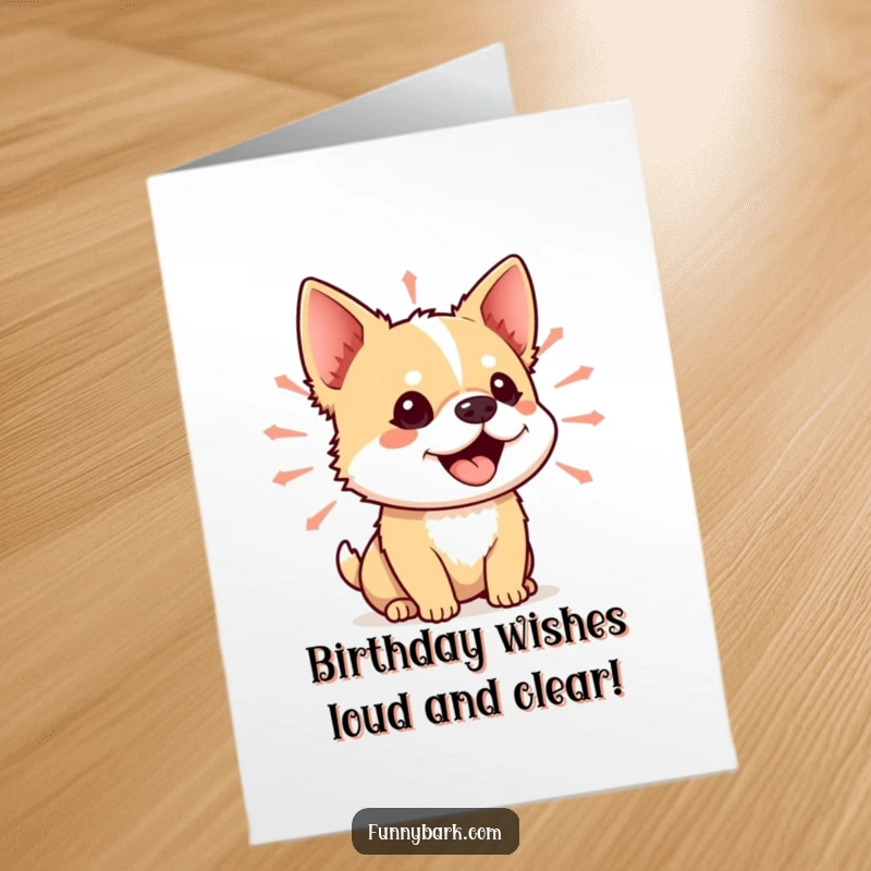 Funny Free Printable Birthday card featuring a small dog with its mouth open, a colorful sound wave emanating, singing joyfully.