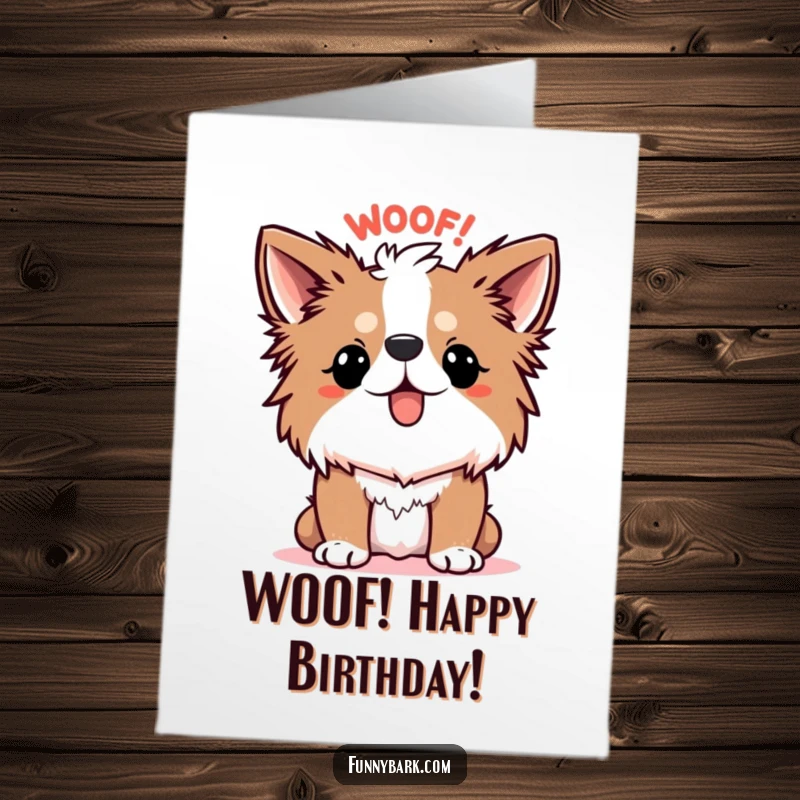 Funny Free Printable Birthday Card: Dog with fur on end lets out a big WOOF!, perfect for a humorous DIY gift.