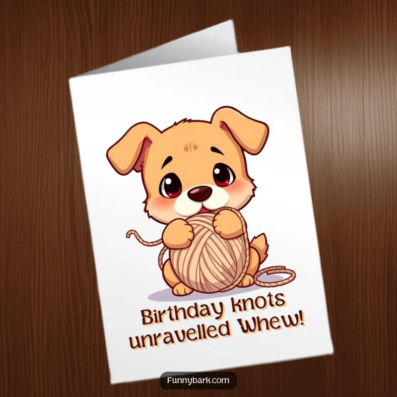 Funny free printable birthday card showing a confused dog comically tangled in a giant ball of yarn. Downloadable humor.