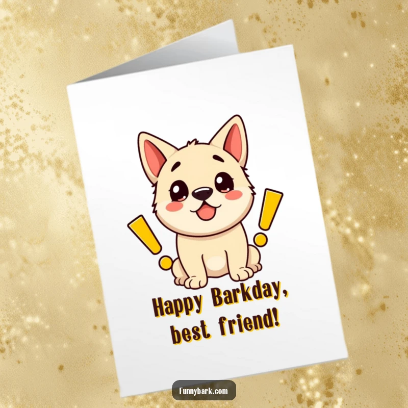 Funny Free Printable Birthday Card: A joyful dog surrounded by large, colorful cartoon exclamation marks, expressing ecstatic birthday wishes.