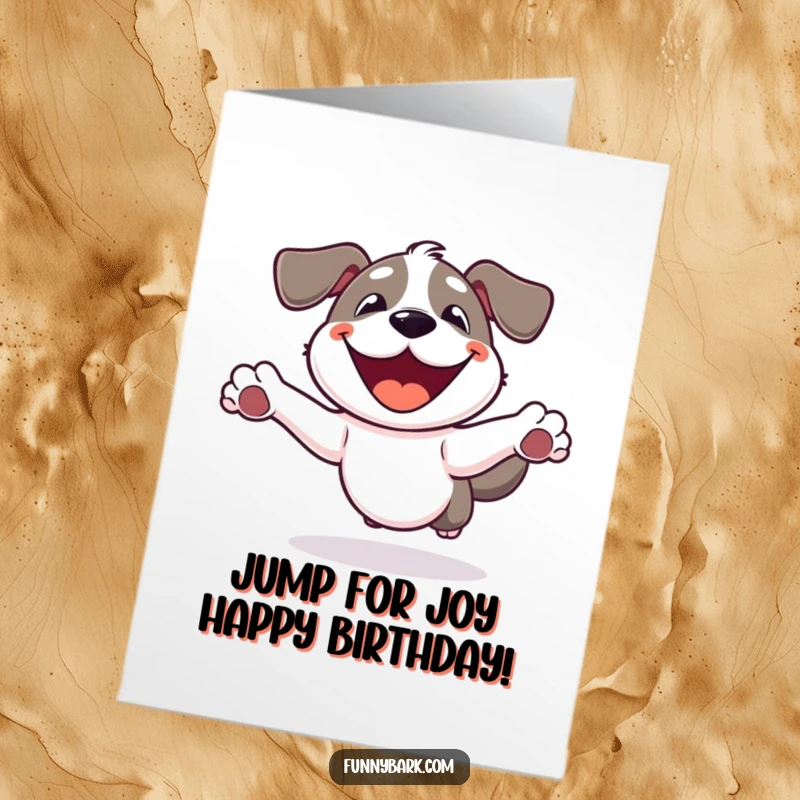 Funny Free Printable Birthday Card: Dog with a huge smile, leaping high in the air with pure birthday excitement.